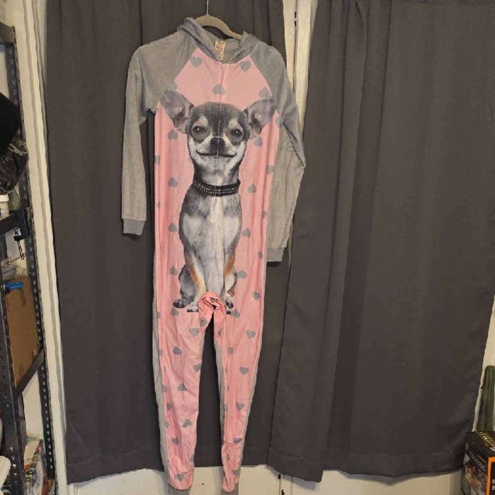 Faded Glory Junior's Pajama's Pink Gray Chihuahua Dog Print One Piece Sz 0-2 EUC